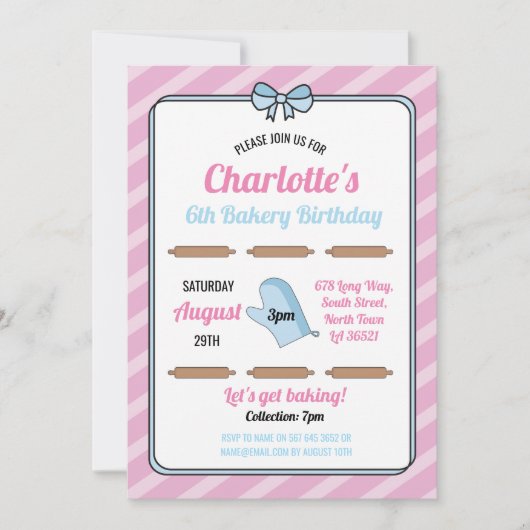 バースデーパーティー招待状ベーカリー誕生日ピンク調理師 招待状 (正面)
