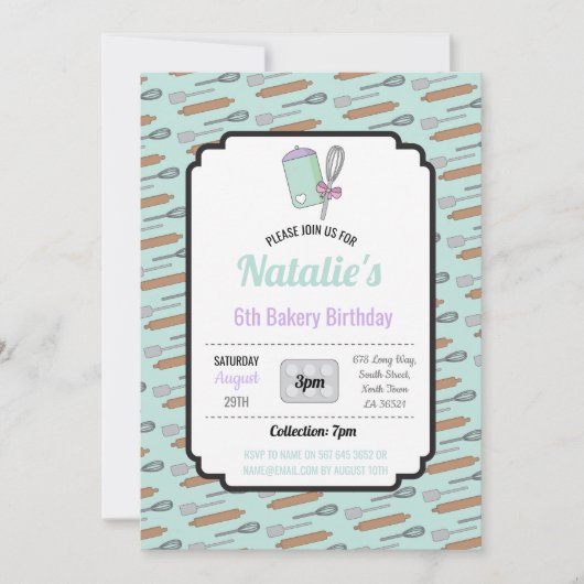 バースデーパーティー招待状ベーカリー誕生日ミント調理師 招待状 (正面)