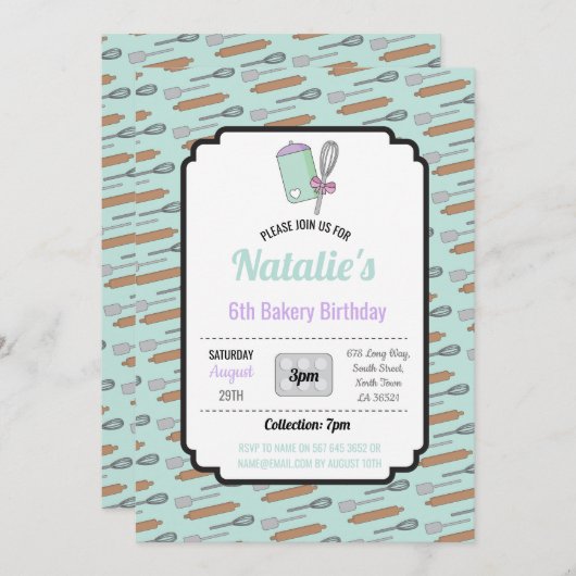バースデーパーティー招待状ベーカリー誕生日ミント調理師 招待状 (正面/裏面)