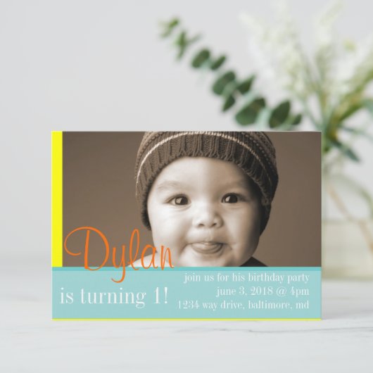 バースデーパーティー招待状マイフォトブルーイエローオレンジ 招待状 (スタンド正面)