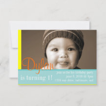 バースデーパーティー招待状マイフォトブルーイエローオレンジ