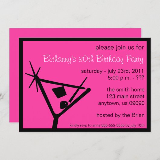 バースデーパーティー招待状マティーニグラス（ピンク） 招待状 (正面/裏面)