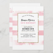 バースデーパーティー招待状金ゴールドピンク水彩ストライプ 招待状 (正面/裏面)