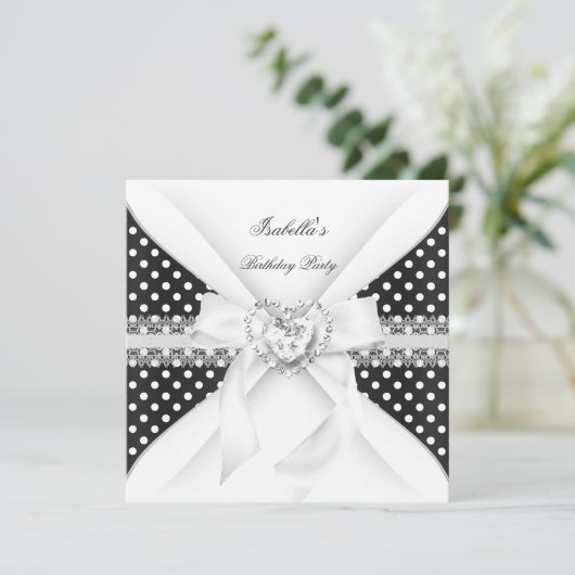 バースデーパーティー水玉模様白黒ダイヤモンド 招待状 (スタンド正面)
