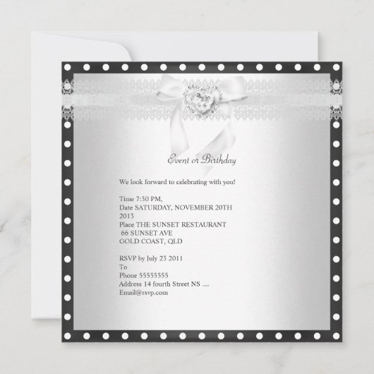 バースデーパーティー水玉模様白黒ダイヤモンド 招待状 (裏面)