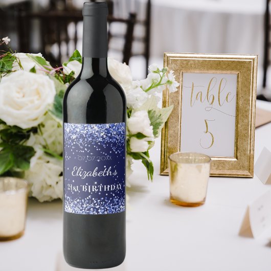 バースデーパーティー海軍ブルーグリッター名 ワインラベル