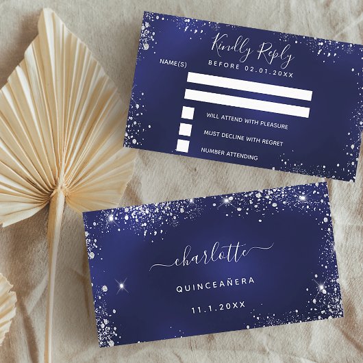 バースデーパーティー海軍ブルーシルバーグリッターRSVP エンクロージャーカード