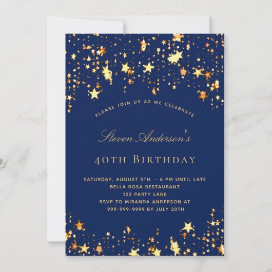 バースデーパーティー海軍ブルー金ゴールドスターラグジュアリー 招待状 (正面)