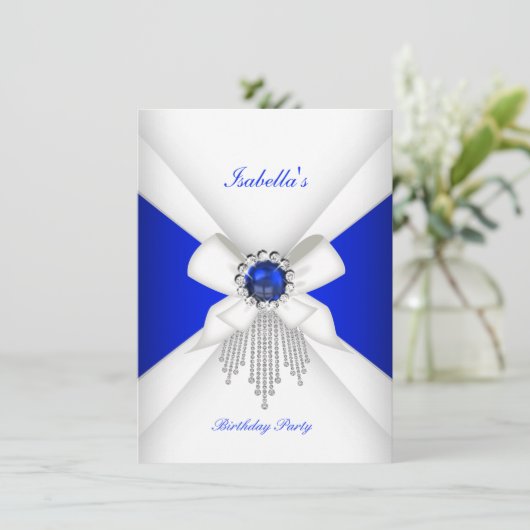 バースデーパーティー王室のブルーホワイトダイヤモンドパール 招待状 (スタンド正面)