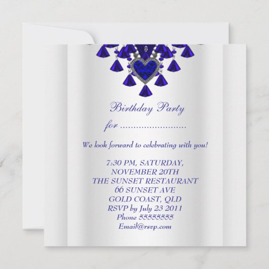 バースデーパーティー王室のブルーホワイトハートダイヤモンド 招待状 (裏面)