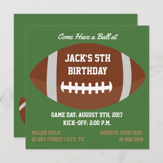 バースデーパーティー用のスクエア·フットボール·招待状をテーマにした 招待状 (正面/裏面)