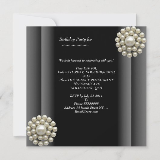 バースデーパーティー白黒クリームパール 招待状 (裏面)
