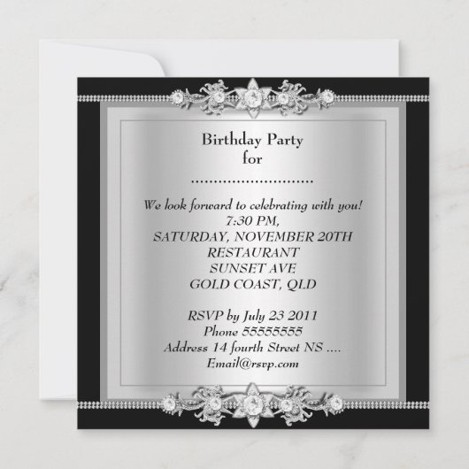 バースデーパーティー白黒シルバージュエルイメージ 招待状 (裏面)