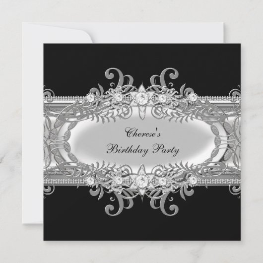 バースデーパーティー白黒シルバージュエルイメージ 招待状 (正面)