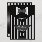 バースデーパーティー白黒ストライプボウタイ 招待状 (正面/裏面)