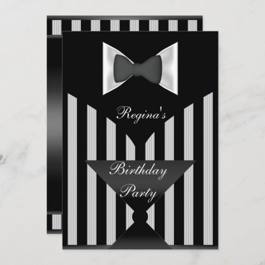 バースデーパーティー白黒ストライプボウタイ 招待状 (正面/裏面)