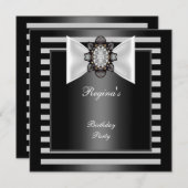 バースデーパーティー白黒ストライプボウ 招待状 (正面/裏面)