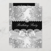 バースデーパーティー白黒ダマスクバラシルバー2 招待状 (正面/裏面)