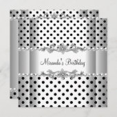 バースデーパーティー白黒パール水玉模様 招待状 (正面/裏面)