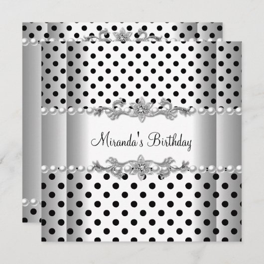 バースデーパーティー白黒パール水玉模様 招待状 (正面/裏面)