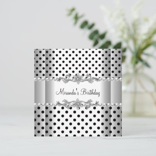 バースデーパーティー白黒パール水玉模様 招待状 (スタンド正面)