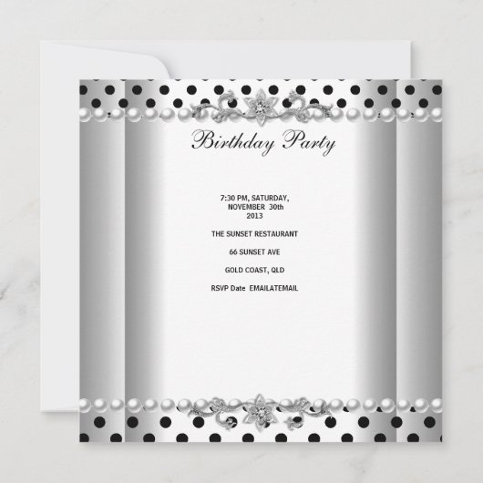 バースデーパーティー白黒パール水玉模様 招待状 (裏面)