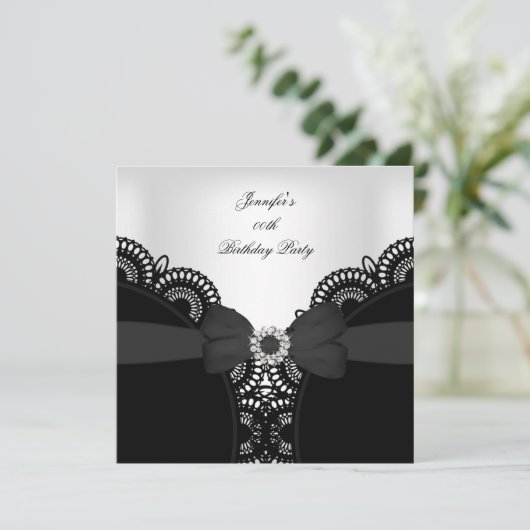 バースデーパーティー白黒レースダイヤモンドトップ 招待状 (スタンド正面)