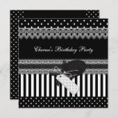 バースデーパーティー白黒水玉模様ストライプ 招待状 (正面/裏面)
