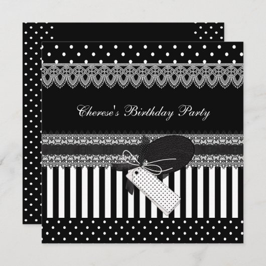バースデーパーティー白黒水玉模様ストライプ 招待状 (正面/裏面)