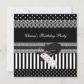 バースデーパーティー白黒水玉模様ストライプ 招待状 (正面)