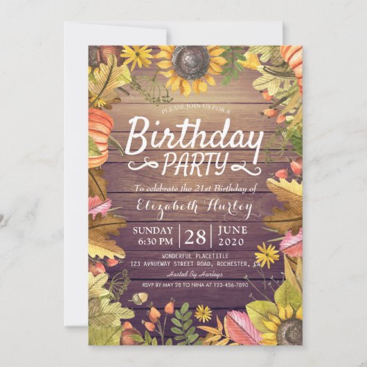 バースデーパーティー秋のメープルサンフラワーパンプキンウッド 招待状 (正面)