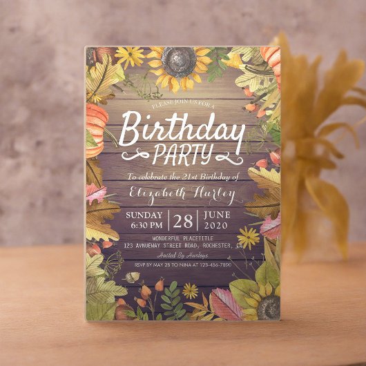 バースデーパーティー秋のメープルサンフラワーパンプキンウッド 招待状