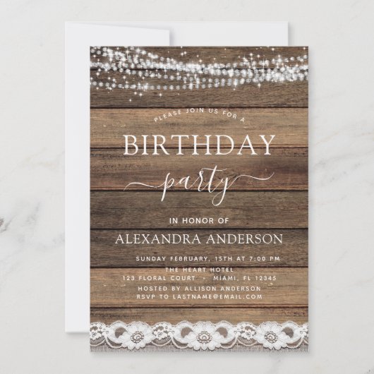 バースデーパーティー素朴ファームハウスレースウッド 招待状 (正面)