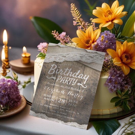 バースデーパーティー素朴レースバーラップクロスバーンウッド 招待状
