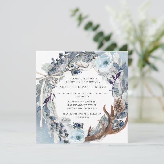 バースデーパーティー素朴、青フローラ水彩 招待状 (スタンド正面)