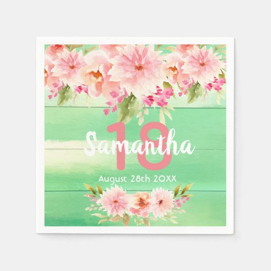バースデーパーティー緑の素朴なウッドピンクの花模様 スタンダードカクテルナプキン (正面)