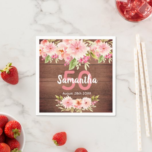 バースデーパーティー茶色の木材赤面花模様 スタンダードカクテルナプキン (インサイチュ)