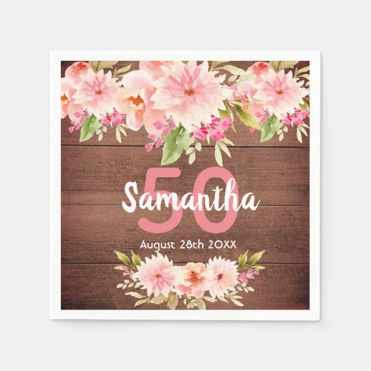 バースデーパーティー茶色の木材赤面花模様 スタンダードカクテルナプキン (正面)