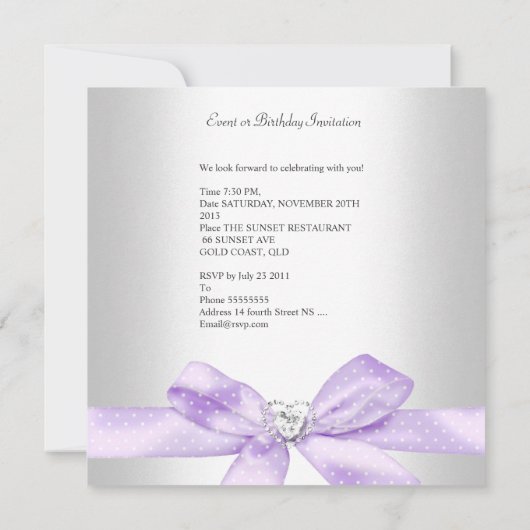 バースデーパーティー薄紫パープルシルバーホワイトダイヤモンド 招待状 (裏面)