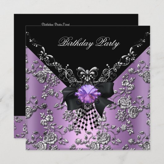 バースデーパーティー薄紫パープルブラックシルバーダマスク 招待状 (正面/裏面)