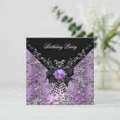 バースデーパーティー薄紫パープルブラックシルバーダマスク 招待状 (スタンド正面)