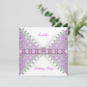 バースデーパーティー薄紫ピンクシルバーホワイトダイヤモンドボウ 招待状 (スタンド正面)