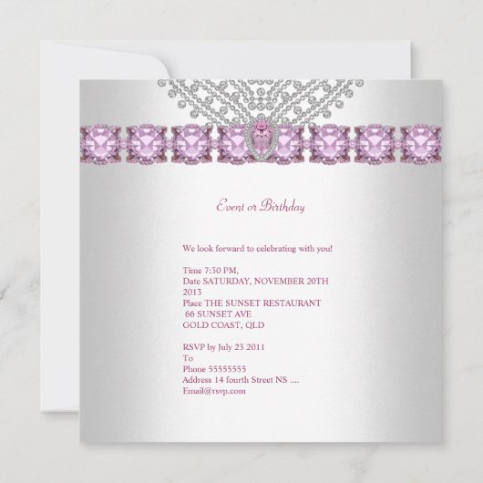 バースデーパーティー薄紫ピンクシルバーホワイトダイヤモンドボウ 招待状 (裏面)