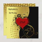 バースデーパーティー赤いハート金ゴールドとブラック 招待状 (正面/裏面)