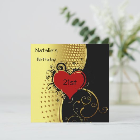 バースデーパーティー赤いハート金ゴールドとブラック 招待状 (スタンド正面)