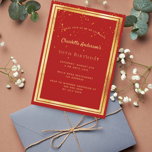 バースデーパーティー赤い金ゴールド紙吹雪ふりかけ 招待状
