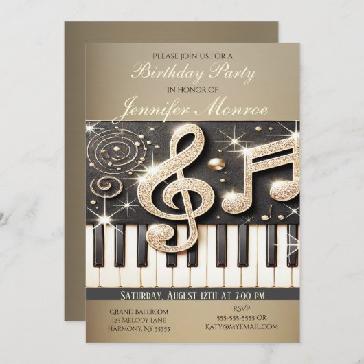 バースデーパーティー金ゴールドグリッターピアノ 招待状 (正面/裏面)