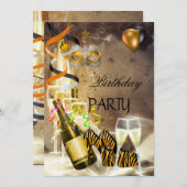 バースデーパーティー金ゴールドシャンパンシューズマスク 招待状 (正面/裏面)