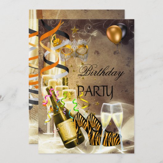 バースデーパーティー金ゴールドシャンパンシューズマスク 招待状 (正面/裏面)