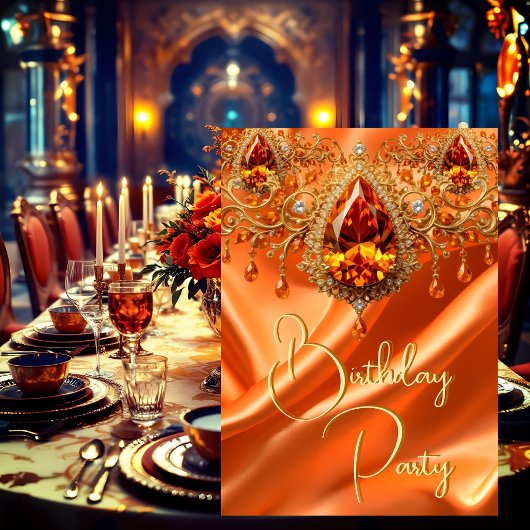 バースデーパーティー金ゴールドシルクオレンジジュエル 招待状